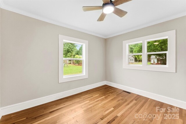 410 Gann St, Lowell, NC 28098 - empty room featuring ornamental molding, light wood-type flooring, and ceiling fan
