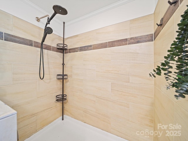601 Lhasa Apso Ln, Iron Station, NC 28080 - full bathroom featuring ornamental molding and tiled shower