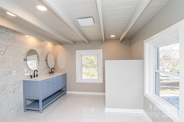 678 Wagner St, Troutman, NC 28166 - full bath with double vanity, beam ceiling, tile patterned floors, and recessed lighting