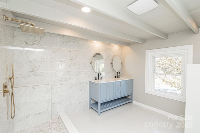 678 Wagner St, Troutman, NC 28166 - bathroom with double vanity, beam ceiling, a walk in shower, and recessed lighting