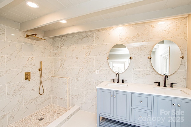 678 Wagner St, Troutman, NC 28166 - bathroom with tiled shower, double vanity, beamed ceiling, and recessed lighting
