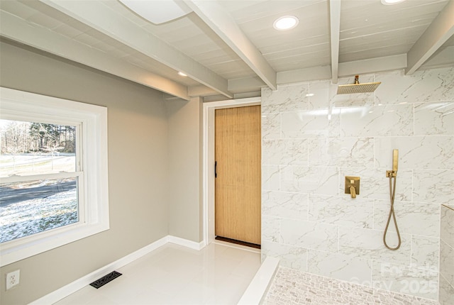 678 Wagner St, Troutman, NC 28166 - bathroom featuring recessed lighting, tiled shower, beamed ceiling, and marble look tiles