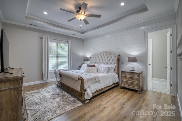 2545 10th Street Ct NE, Hickory, NC 28601 - bedroom with a tray ceiling, wood finished floors, recessed lighting, ornamental molding, and ceiling fan