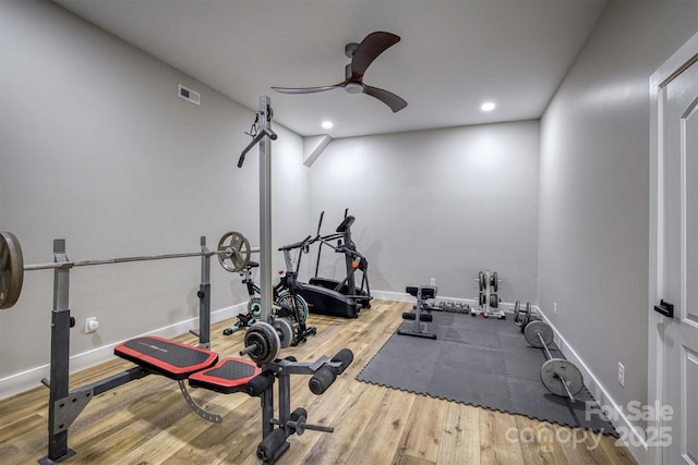 2545 10th Street Ct NE, Hickory, NC 28601 - workout room featuring wood finished floors, a ceiling fan, and recessed lighting