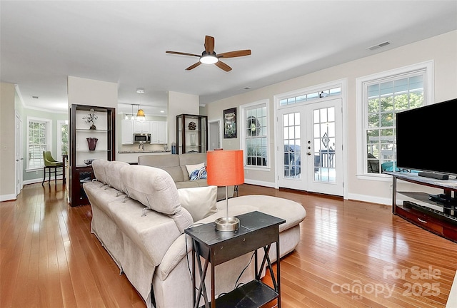 514 Bethel School Rd, Clover, SC 29710 - living area featuring a ceiling fan, light wood-type flooring, and french doors