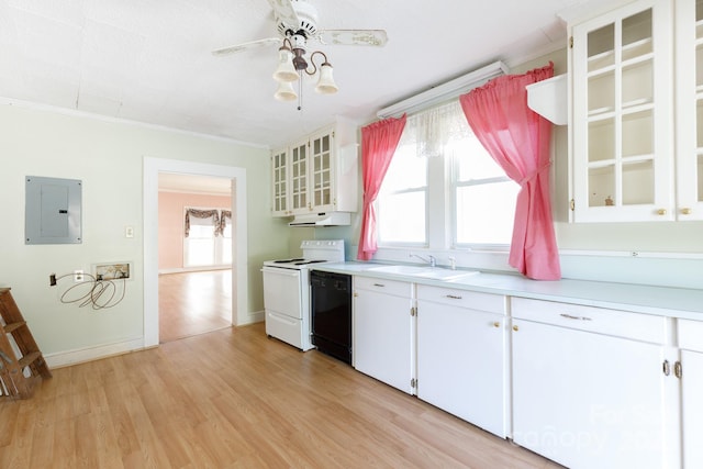 221 Kings Mountain St, Clover, SC 29710 - kitchen with electric panel, white electric range, under cabinet range hood, light countertops, and crown molding