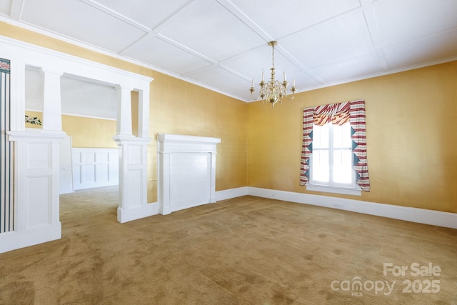 221 Kings Mountain St, Clover, SC 29710 - empty room with carpet flooring, a chandelier, crown molding, and coffered ceiling