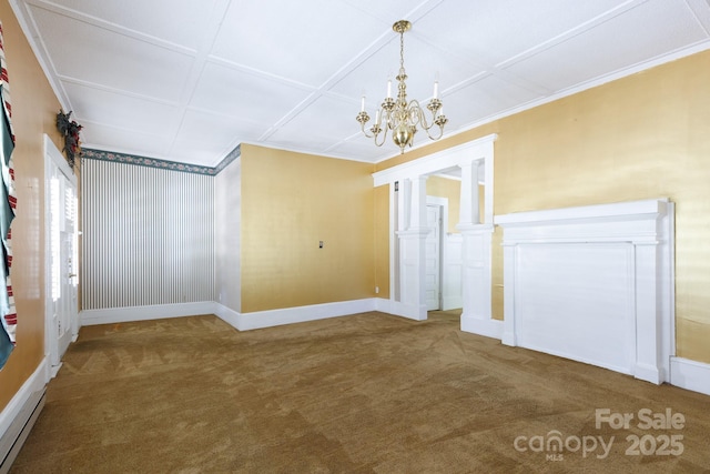 221 Kings Mountain St, Clover, SC 29710 - unfurnished dining area with a chandelier, carpet flooring, ornamental molding, and a baseboard heating unit