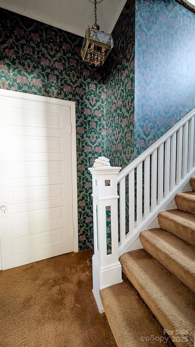 221 Kings Mountain St, Clover, SC 29710 - stairs with wallpapered walls and carpet