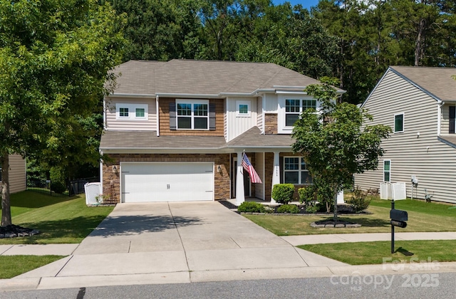 10666 Sapphire Trl, Davidson, NC 28036 - craftsman-style home featuring stone siding, driveway, a garage, a front lawn, and board and batten siding