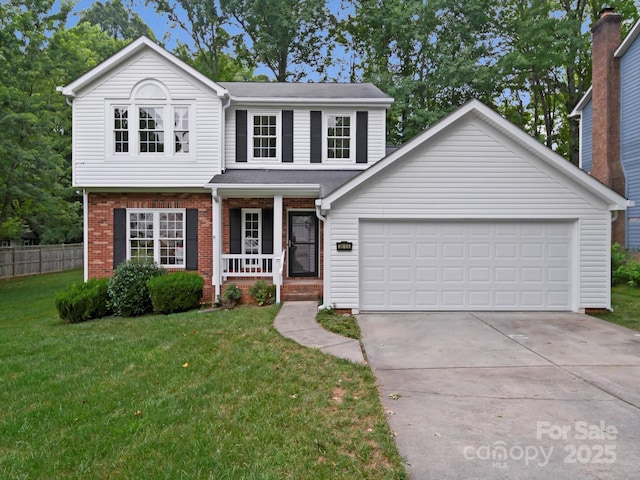 2808 Williams Station Rd, Matthews, NC 28105 - traditional home featuring a porch, brick siding, concrete driveway, and a garage
