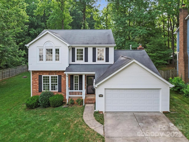 2808 Williams Station Rd, Matthews, NC 28105 - traditional-style home with covered porch, driveway, brick siding, a shingled roof, and an attached garage