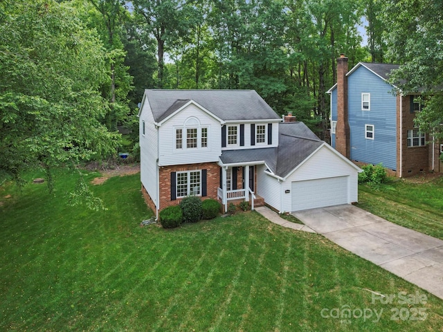 2808 Williams Station Rd, Matthews, NC 28105 - traditional home with an attached garage, concrete driveway, brick siding, and a front yard