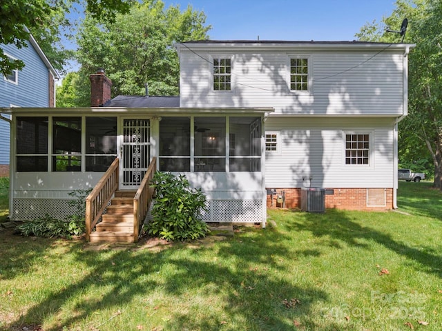 2808 Williams Station Rd, Matthews, NC 28105 - back of property featuring a sunroom, a yard, a chimney, and crawl space