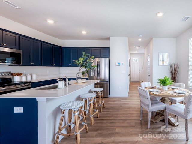 2511 Ruby Dixon Crossing Dr Unit 23, Gastonia, NC 28056 - kitchen with appliances with stainless steel finishes, light wood-style floors, a breakfast bar area, blue cabinets, and a center island with sink