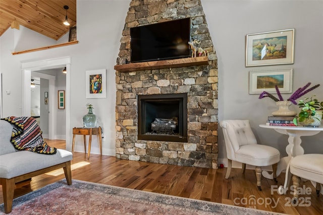 5283 Mount Olive Church Rd, Morganton, NC 28655 - living room with wood finished floors, wooden ceiling, a fireplace, and high vaulted ceiling