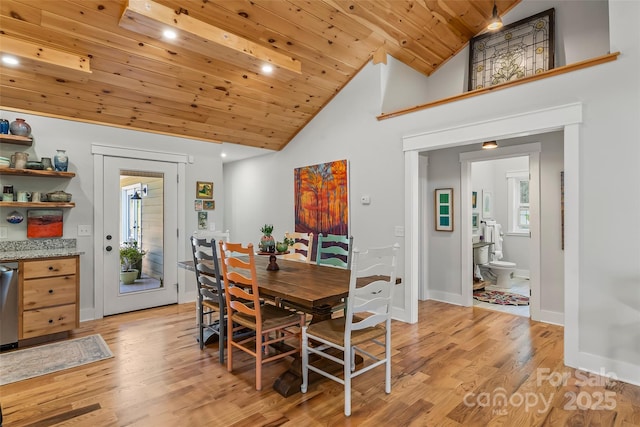 5283 Mount Olive Church Rd, Morganton, NC 28655 - dining room featuring light wood-style flooring, wood ceiling, high vaulted ceiling, and recessed lighting