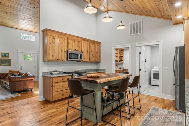5283 Mount Olive Church Rd, Morganton, NC 28655 - kitchen featuring wood ceiling, stainless steel appliances, high vaulted ceiling, washer / dryer, and light wood-type flooring