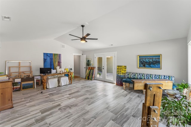 5283 Mount Olive Church Rd, Morganton, NC 28655 - rec room featuring a desk, vaulted ceiling, a ceiling fan, french doors, and wood finished floors