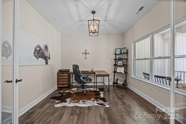 1140 Shinnville Rd, Cleveland, NC 27013 - office area featuring wood finished floors and a chandelier