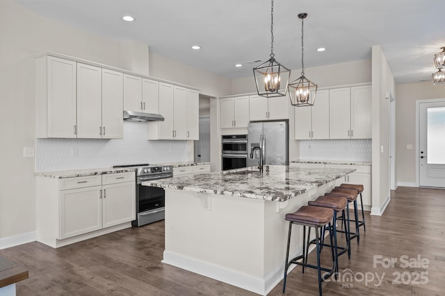1140 Shinnville Rd, Cleveland, NC 27013 - kitchen featuring stainless steel appliances, under cabinet range hood, backsplash, white cabinets, and recessed lighting