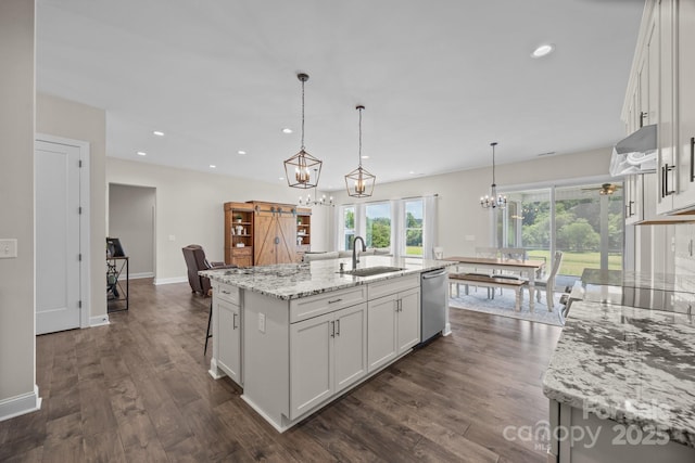 1140 Shinnville Rd, Cleveland, NC 27013 - kitchen with dishwasher, white cabinetry, dark wood-style flooring, a kitchen island with sink, and recessed lighting