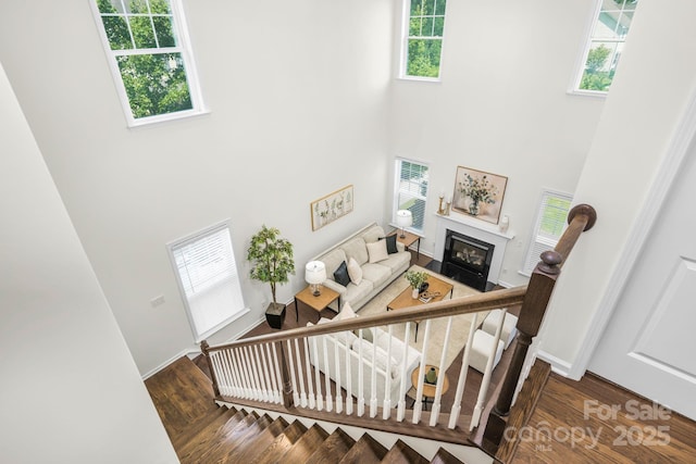 17203 Summers Walk Blvd, Davidson, NC 28036 - stairway with a high ceiling, wood finished floors, and a fireplace with flush hearth