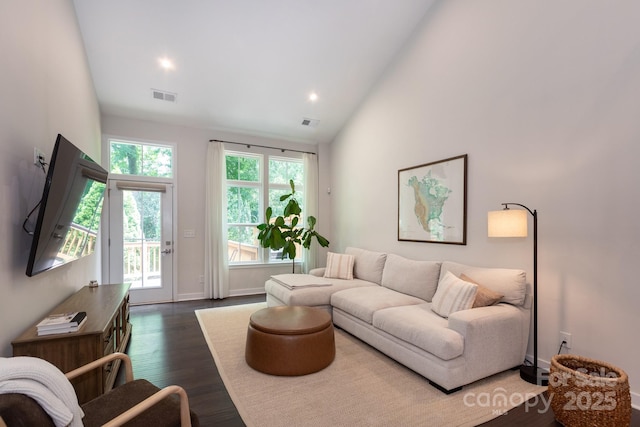 5907 Barrowlands Ct, Charlotte, NC 28210 - living room featuring wood finished floors, high vaulted ceiling, and recessed lighting