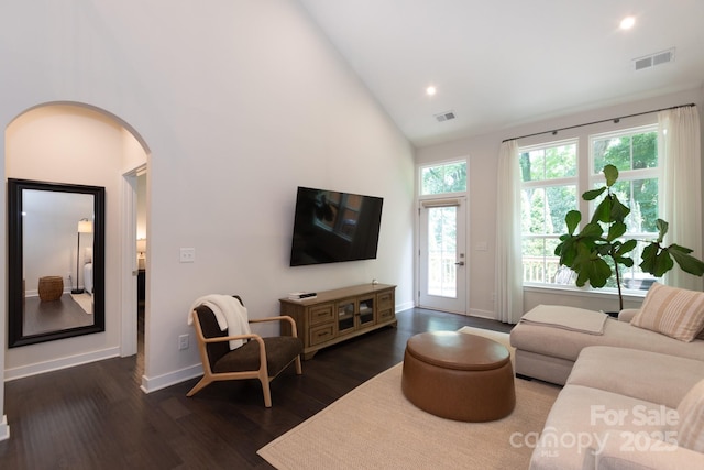 5907 Barrowlands Ct, Charlotte, NC 28210 - living area featuring dark wood-style flooring, high vaulted ceiling, arched walkways, and recessed lighting