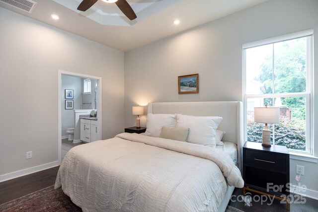 5907 Barrowlands Ct, Charlotte, NC 28210 - bedroom featuring wood finished floors, connected bathroom, recessed lighting, and a ceiling fan
