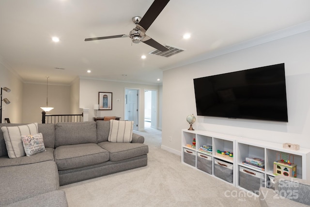 5907 Barrowlands Ct, Charlotte, NC 28210 - carpeted living area with ornamental molding, recessed lighting, and a ceiling fan