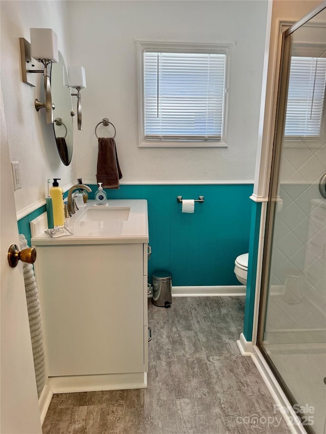 703 Stage St NW, Lenoir, NC 28645 - full bathroom with vanity, a stall shower, and a wainscoted wall