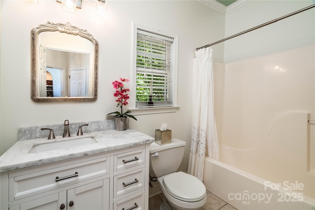 2218 Wednesbury Ct, Kannapolis, NC 28083 - bathroom with vanity, shower / bath combo with shower curtain, ornamental molding, and tile patterned flooring