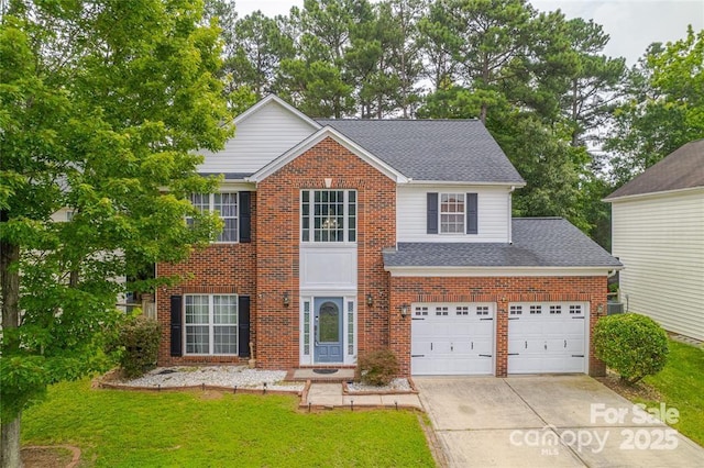 9910 Sandman Ln, Charlotte, NC 28216 - view of front of property with concrete driveway, a front lawn, brick siding, roof with shingles, and an attached garage