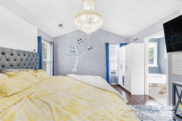 9910 Sandman Ln, Charlotte, NC 28216 - bedroom featuring dark wood-style floors, a chandelier, and lofted ceiling