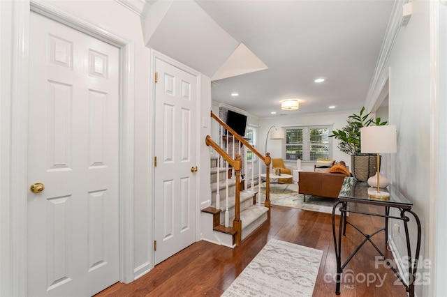 3106 Windstream Ct, Charlotte, NC 28210 - foyer with dark wood-style floors, stairs, crown molding, and recessed lighting