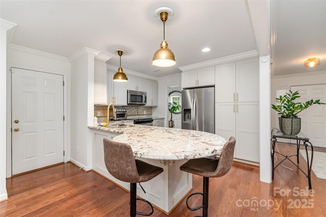 3106 Windstream Ct, Charlotte, NC 28210 - kitchen featuring stainless steel appliances, a peninsula, wood finished floors, light stone counters, and ornamental molding