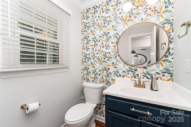 3106 Windstream Ct, Charlotte, NC 28210 - bathroom with wallpapered walls, vanity, and crown molding