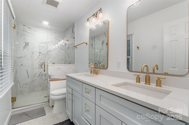 3106 Windstream Ct, Charlotte, NC 28210 - bathroom featuring a marble finish shower and double vanity