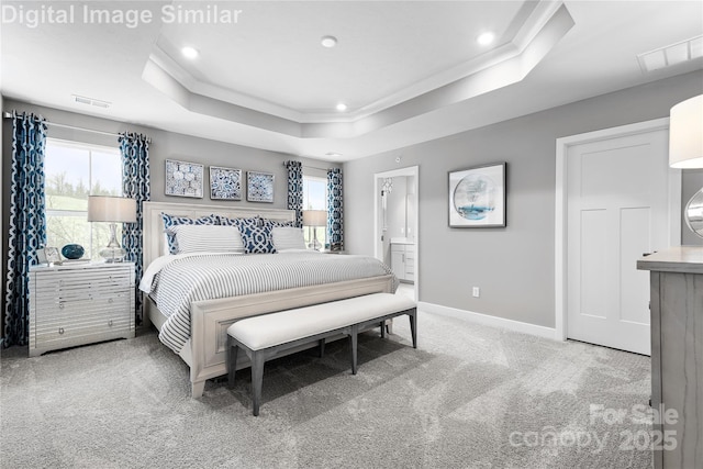 7319 Childress Dr SW, Concord, NC 28025 - bedroom featuring carpet, a raised ceiling, recessed lighting, ornamental molding, and ensuite bathroom