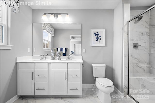 7319 Childress Dr SW, Concord, NC 28025 - full bath featuring marble finish flooring, double vanity, and a marble finish shower