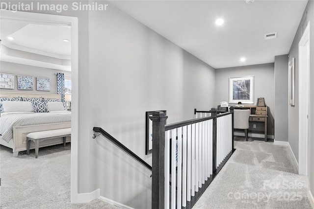 7319 Childress Dr SW, Concord, NC 28025 - hallway with carpet, an upstairs landing, and recessed lighting