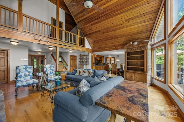 266 Lost Mine Trl Unit 602, Brevard, NC 28712 - living area featuring high vaulted ceiling, wooden ceiling, ceiling fan, and light wood-type flooring