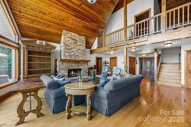 266 Lost Mine Trl Unit 602, Brevard, NC 28712 - living area featuring high vaulted ceiling, stairway, wooden ceiling, wood finished floors, and a ceiling fan