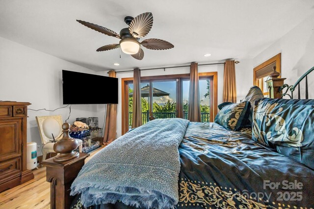 266 Lost Mine Trl Unit 602, Brevard, NC 28712 - bedroom featuring access to exterior, light wood-type flooring, multiple windows, recessed lighting, and ceiling fan