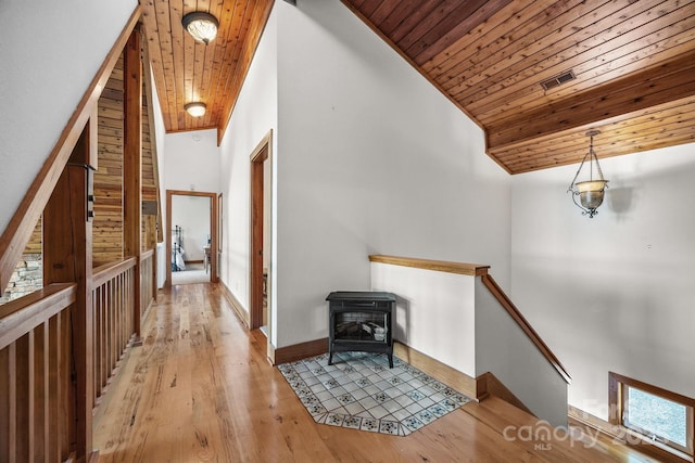 266 Lost Mine Trl Unit 602, Brevard, NC 28712 - corridor with an upstairs landing, wooden ceiling, high vaulted ceiling, and wood finished floors