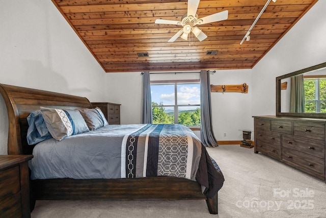 266 Lost Mine Trl Unit 602, Brevard, NC 28712 - bedroom featuring wooden ceiling, lofted ceiling, light colored carpet, and ceiling fan