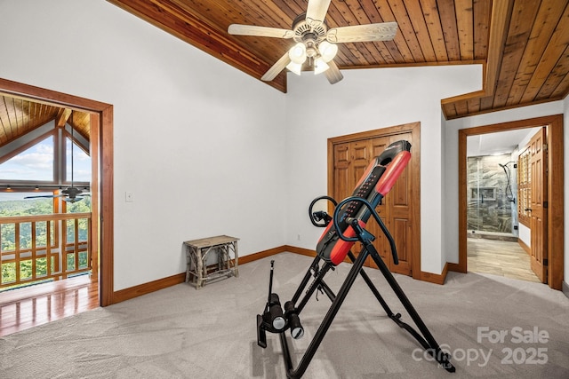 266 Lost Mine Trl Unit 602, Brevard, NC 28712 - workout room with wooden ceiling, ceiling fan, carpet floors, and vaulted ceiling