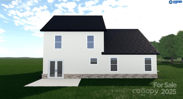 4641 Yellow Poplar Ln, Concord, NC 28025 - rear view of property with a shingled roof, a lawn, and french doors