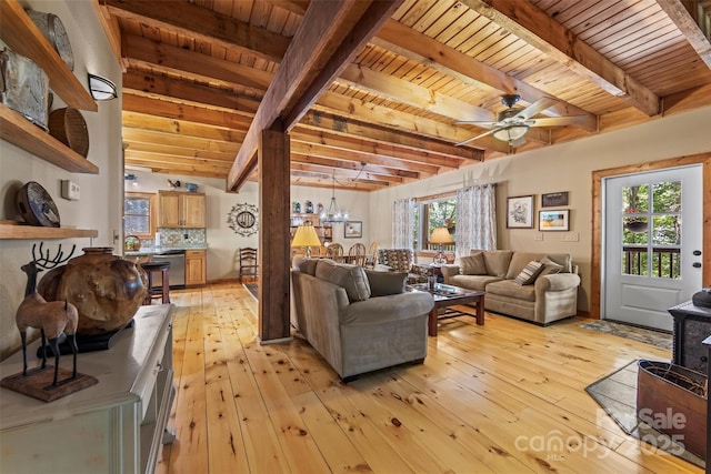 747 Bear Cove Cir, Bryson City, NC 28713 - living room with a wooden ceiling with exposed beams, plenty of natural light, light wood-type flooring, ceiling fan, and a chandelier